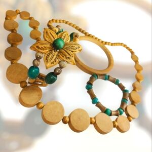 Boho Wood Jewelry Set – Carved Flower Necklace + 3 Matching Bracelets